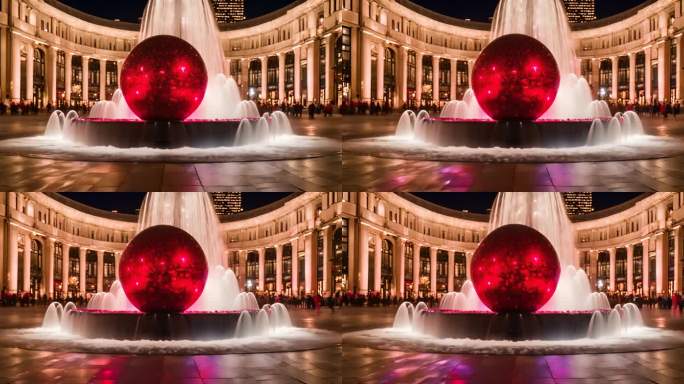 喷泉中的巨型红色圣诞球饰品