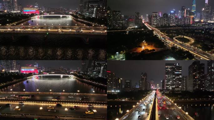 广州大桥夜景航拍车流交通广州大道夜晚车水