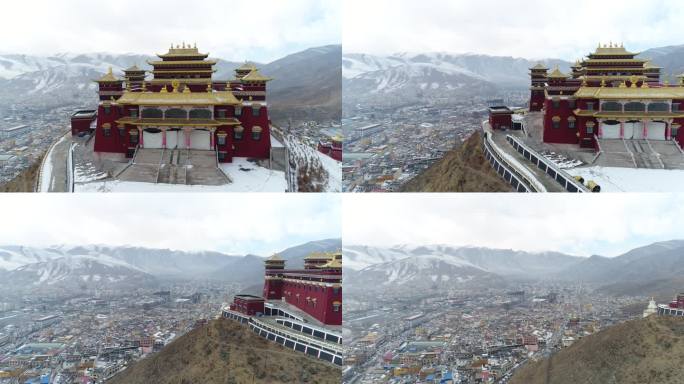 航拍青海玉树新城雪景