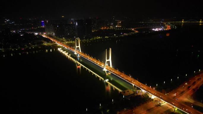 4K航拍湘潭市城市夜景湘潭三大桥3