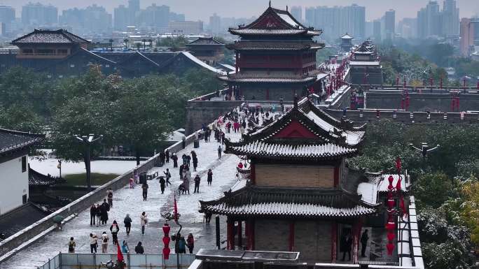 航拍西安大雁塔大慈恩寺雪景