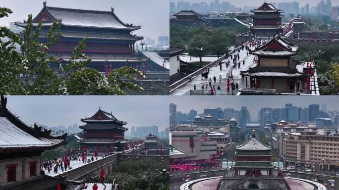 航拍西安大雁塔大慈恩寺雪景