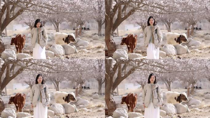 年轻女子在新疆杏花村旅行背后是牦牛