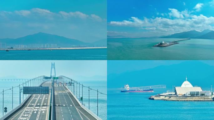 港珠澳大桥航拍香港机场飞机降落蓝海豚岛