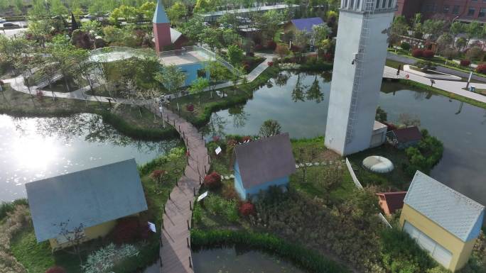 西安地标航拍航天净水厂公园童话建筑小镇