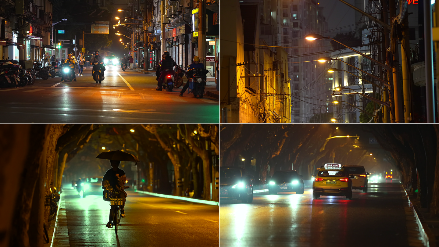 都市深夜雨天街头行人车辆