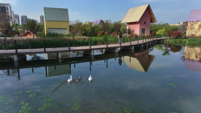 西安地标航拍航天净水厂公园童话建筑小镇