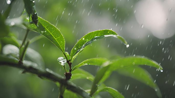 谷雨 春天 下雨 树叶 水滴 水珠 AI