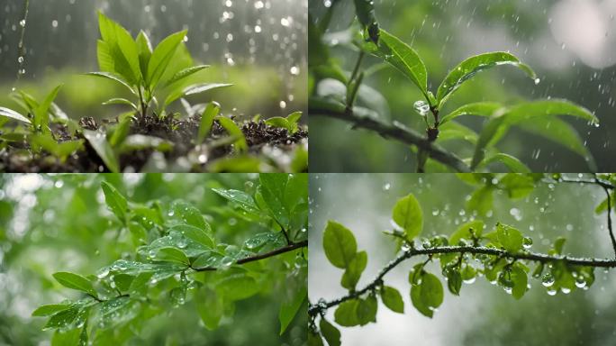 谷雨 春天 下雨 树叶 水滴 水珠 AI