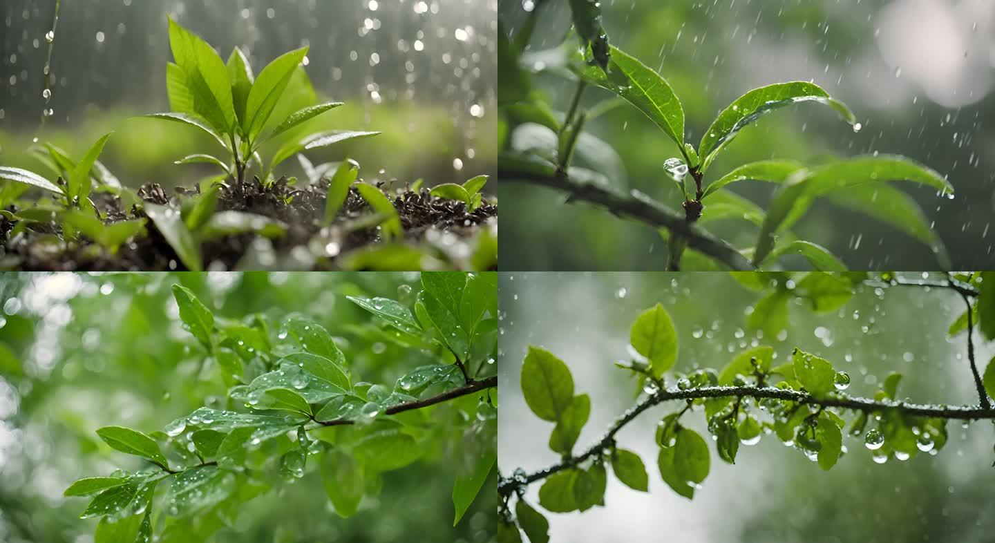 谷雨 春天 下雨 树叶 水滴 水珠 AI