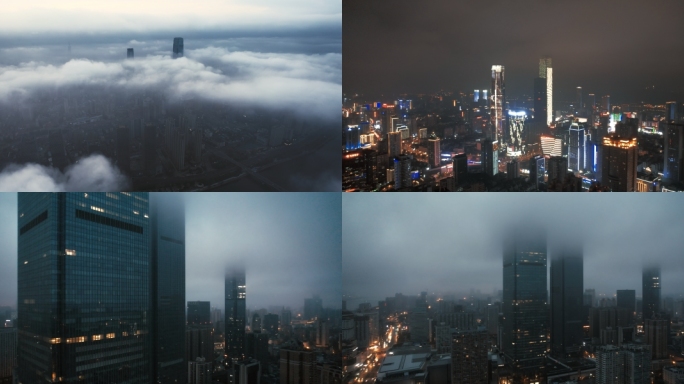 [合集]长沙湘江城市建筑高楼穿云夜景航拍