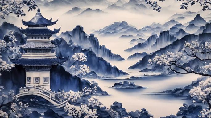 青花瓷 水墨  山水画 古风 舞台背景