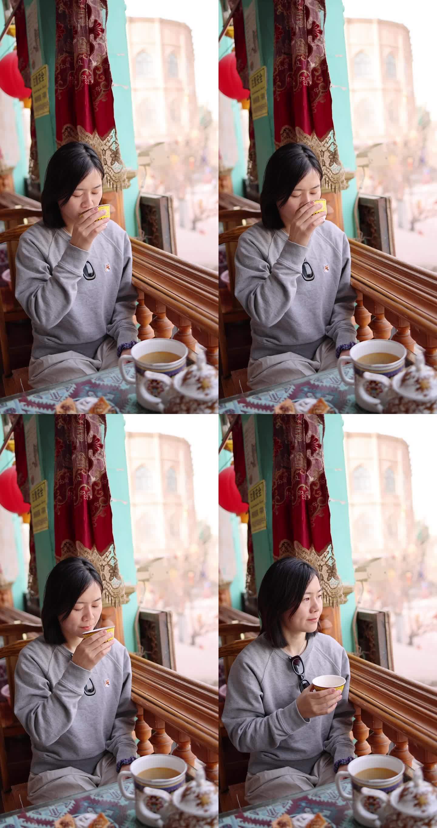 （慢镜）美女在茶馆喝茶竖版竖屏