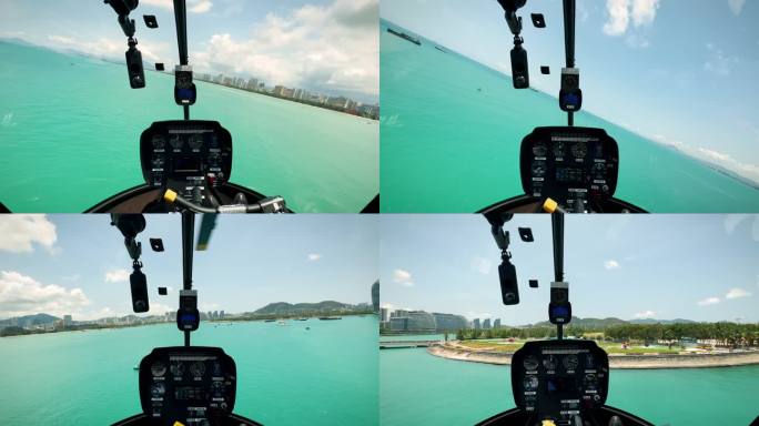 海南三亚湾观光直升机飞行舱内视角