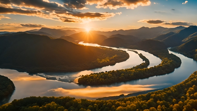 航拍森林山丘中的河流恢弘大气日出江河风景