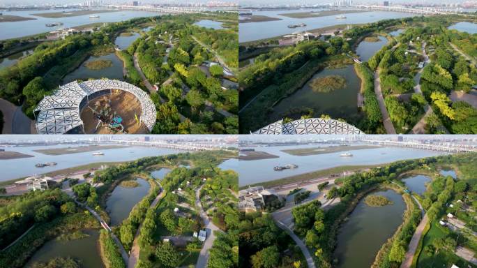 天津滨海新区生态城南堤公园秋季城市风光