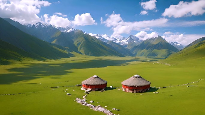 草原雪山蒙古包新疆牧民蒙古包
