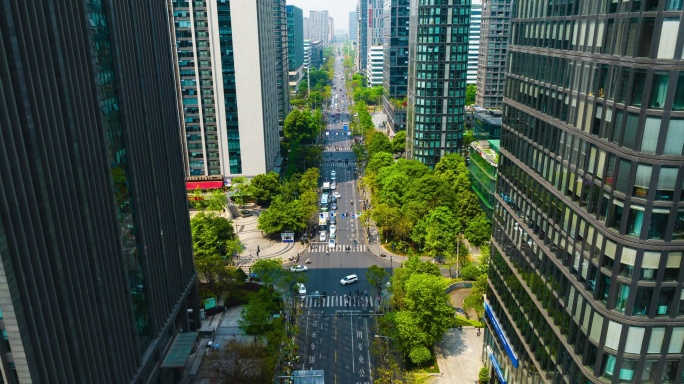 航拍春天夕阳下成都高新区天府三街延时风景