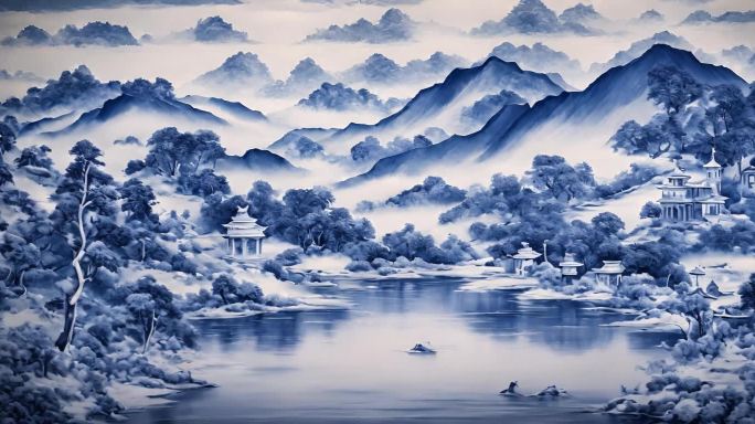 青花瓷 水墨  山水画 古风 舞台背景