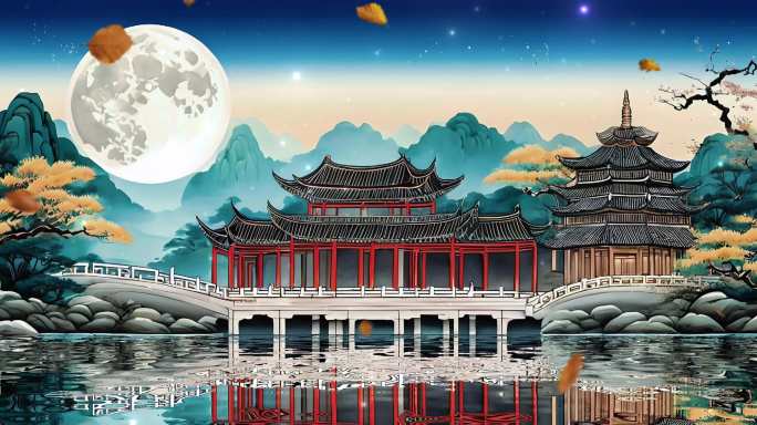 汉唐中式建筑倒影圆月
