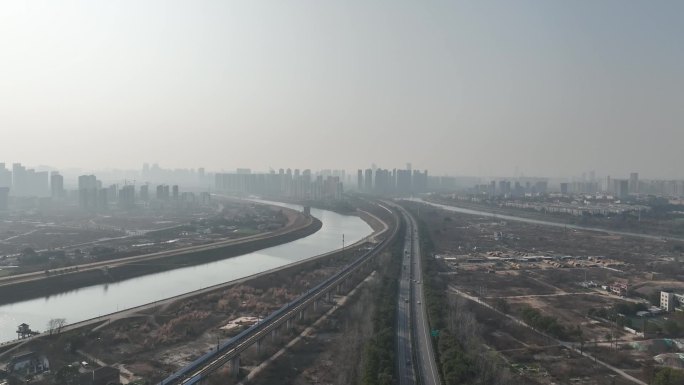 航拍浏阳河第六道湾高铁铁路桥2