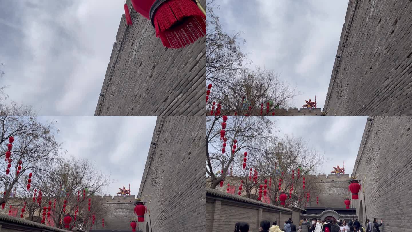 过年西安城墙红灯笼人流游客