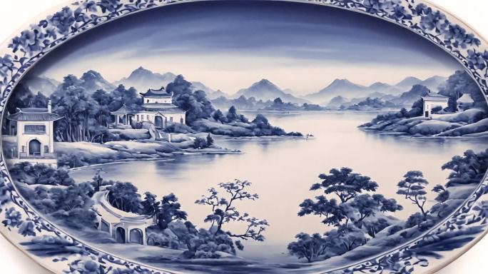 青花瓷 水墨  山水画 古风 舞台背景