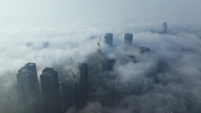 航拍杭州钱江新城平流雾