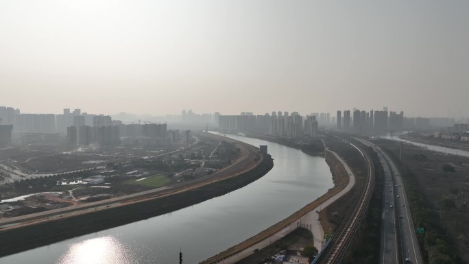 航拍浏阳河第六道湾高铁铁路桥5