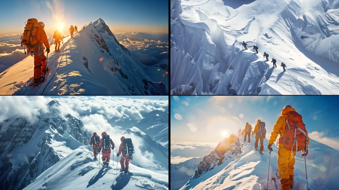 团队徒步励志攀登雪山奋斗登顶