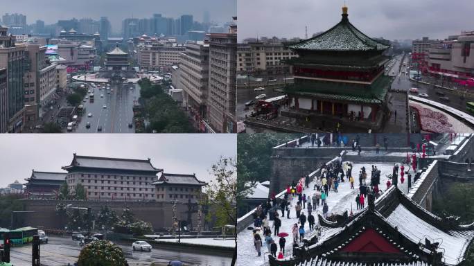 航拍西安大雁塔大慈恩寺雪景