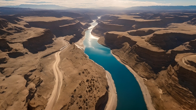 航拍沙漠峡谷上的河流公路旅行风光航拍延时