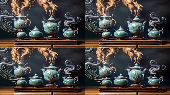竹席上的中国古代风格的玉茶杯模型