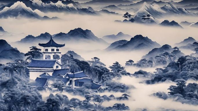 青花瓷 水墨  山水画 古风 舞台背景