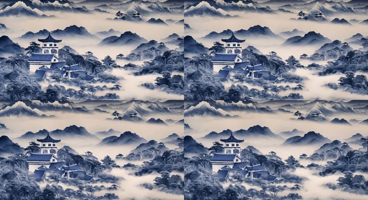 青花瓷 水墨  山水画 古风 舞台背景