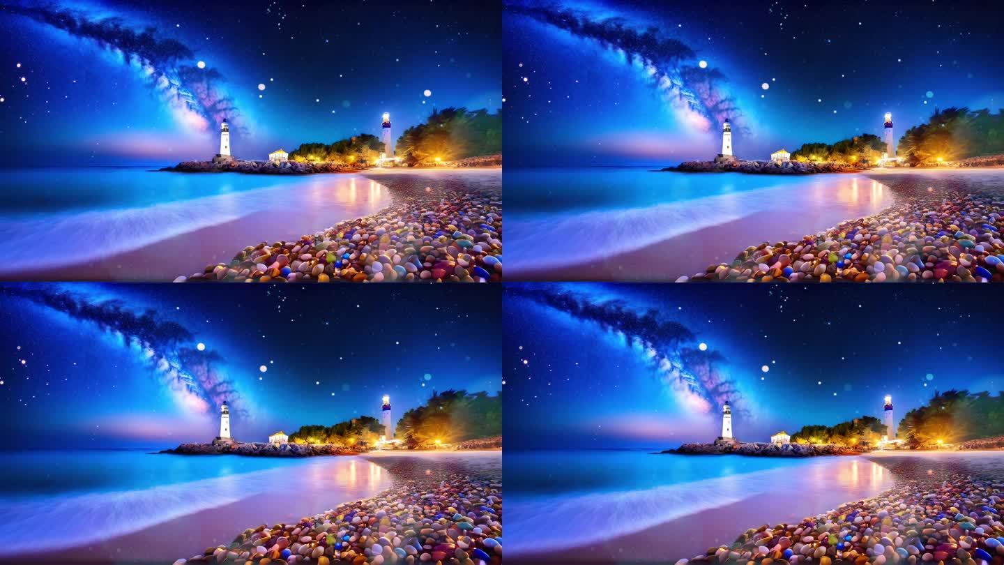 夜晚的海滩散落着五颜六色的发光石
