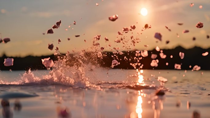 夕阳下湖面上的花瓣