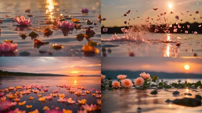 夕阳下湖面上的花瓣