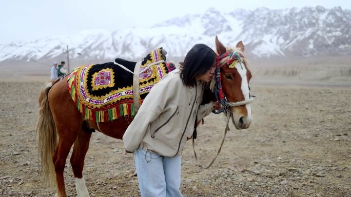 （慢镜）年轻女子在雪山下牵着英俊的马