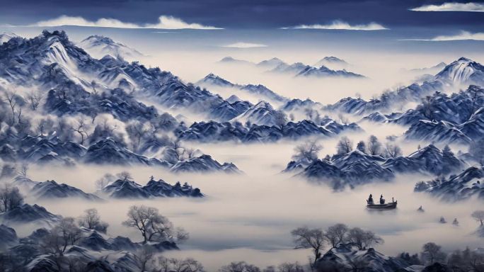 青花瓷 水墨  山水画 古风 舞台背景