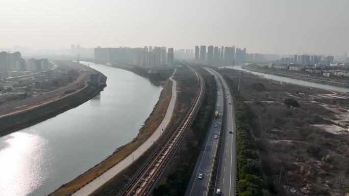 航拍浏阳河第六道湾高铁铁路桥合集2