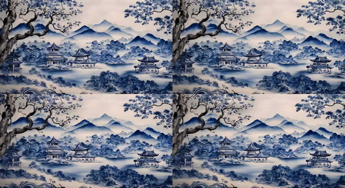 青花瓷 水墨  山水画 古风 舞台背景