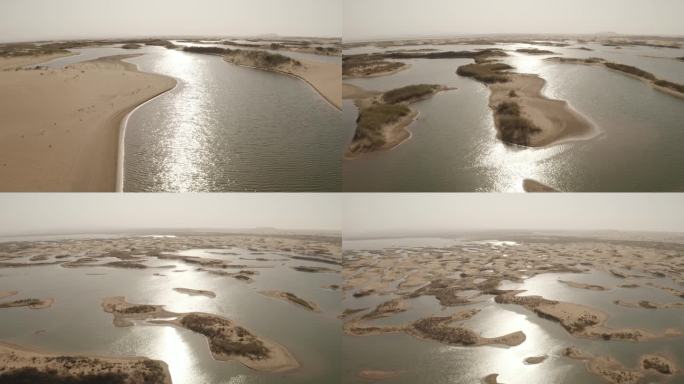 内蒙古黄河乌海湿地落日波光粼粼4K航拍