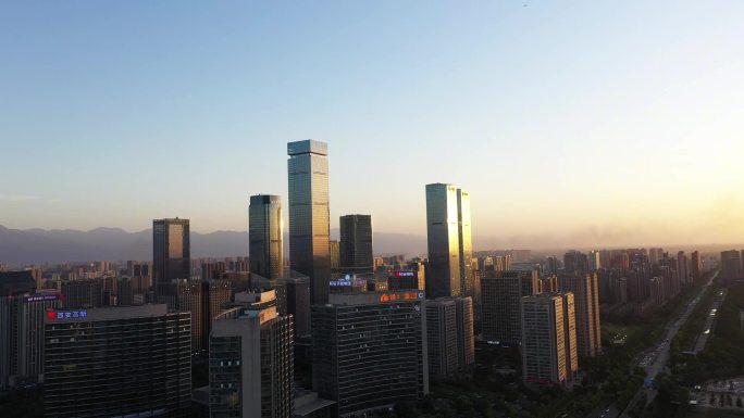 西安高新锦业路夕阳夜景航拍