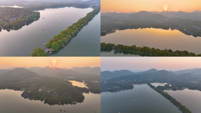 唯美夕阳西下杭州西湖苏堤航拍美景大自然风