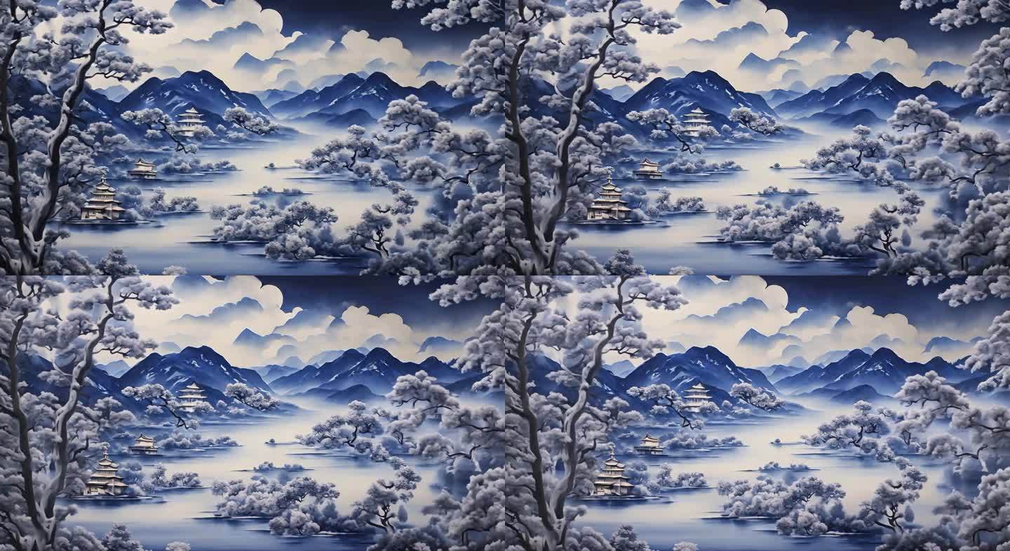 青花瓷 水墨  山水画 古风 舞台背景