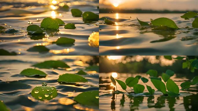唯美夕阳下湖面上的叶片