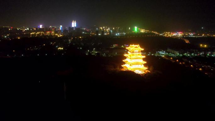 枣庄夜景铁道游击队临山阁建筑风光航拍