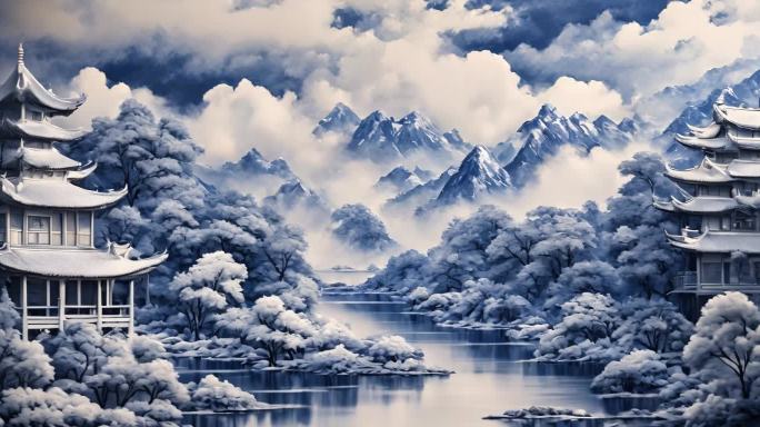 青花瓷 水墨  山水画 古风 舞台背景