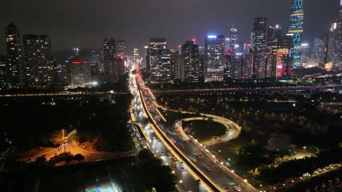 广州大桥夜景航拍车流交通广州大道夜晚车水